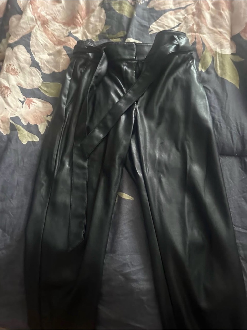 Black Loft Faux Leather High-Waist Belted Pants
